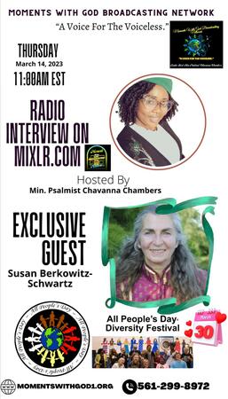 Moments With God Broadcasting Network LLC | Exclusive Interview Susan Berkowitz-Schwartz Founder of All People Day with Radio Host Min.Psalmist